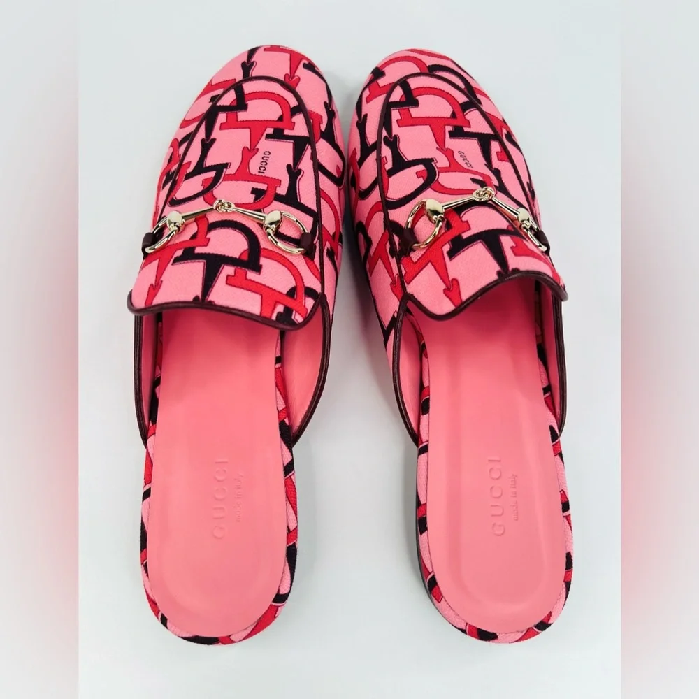 Gucci Princetown Horsebit Logo Print Pink Fabric Flat Loafer Mules Size EU 38.5 - Picture 10 of 12